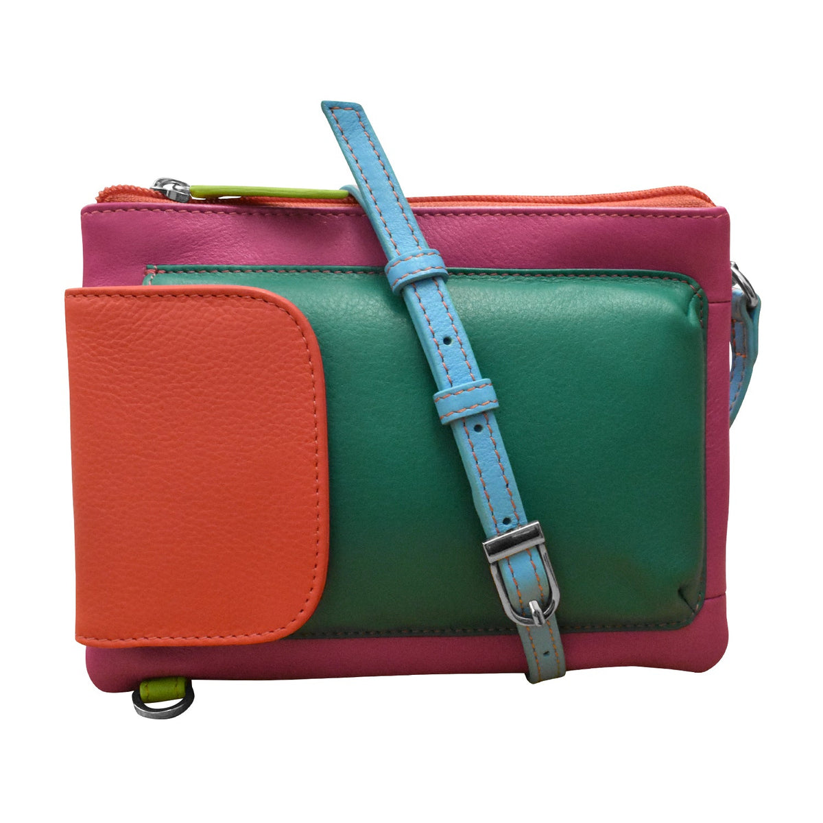 Multicolored leather clutch with a strap on a white background