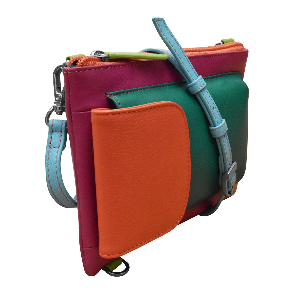 Multicolored leather handbag with a strap on a white background