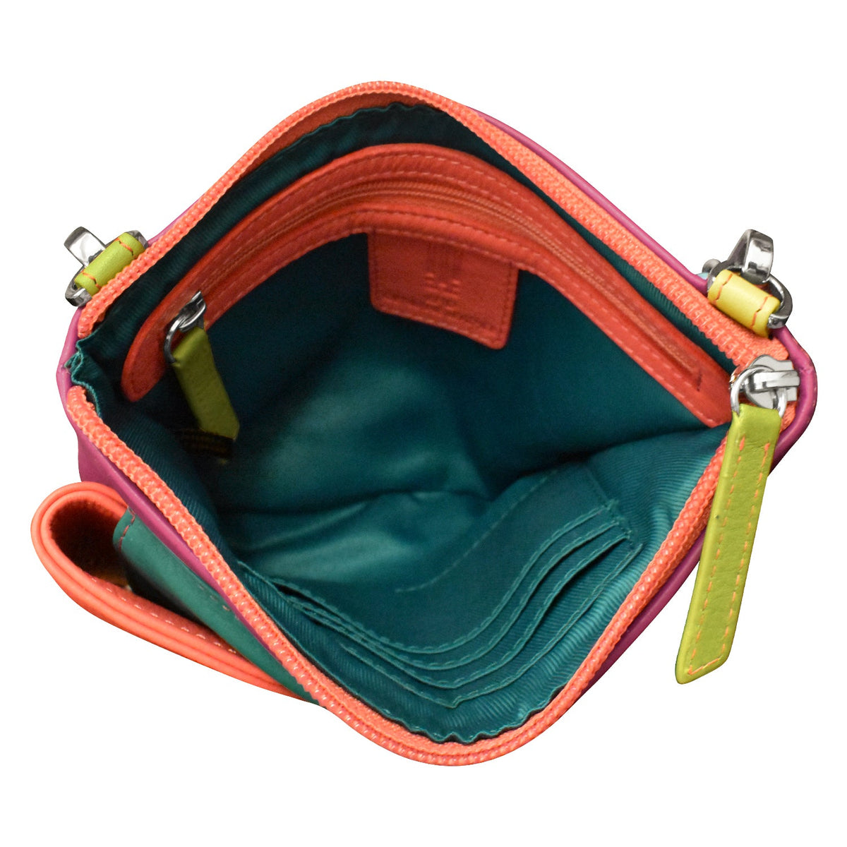 Colorful pouch with a green interior on a white background