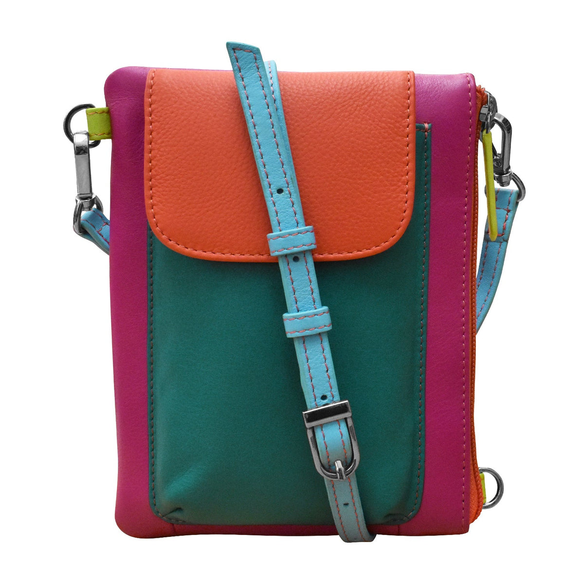 Multicolored crossbody bag with a blue strap on a white background