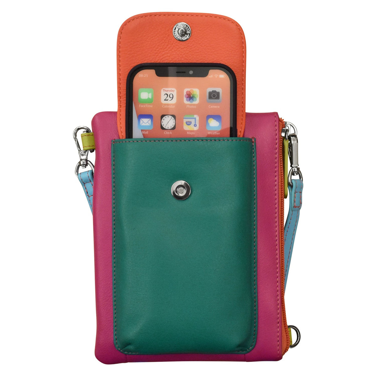 Multicolored phone pouch with a smartphone inside on a white background