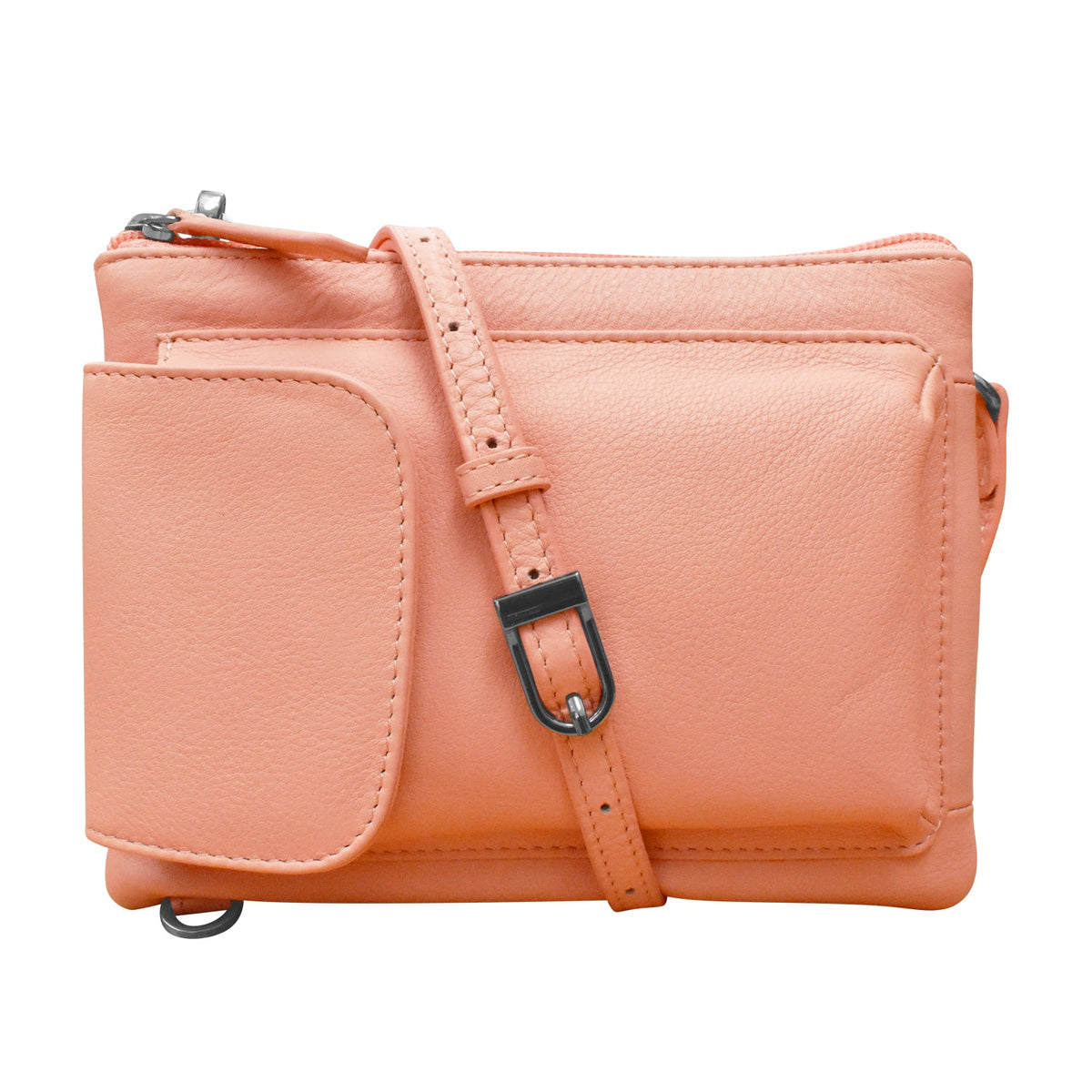 Pink leather crossbody bag with strap on a white background