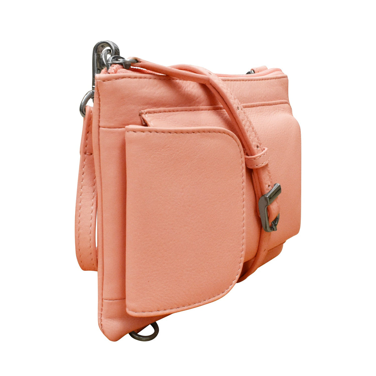 Pink leather crossbody bag with strap on a white background