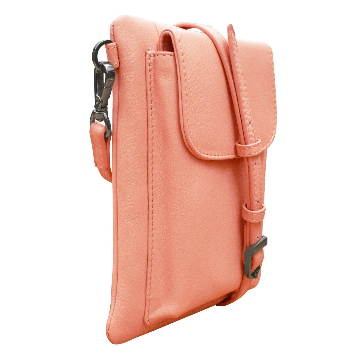 Pink leather crossbody bag on a white background