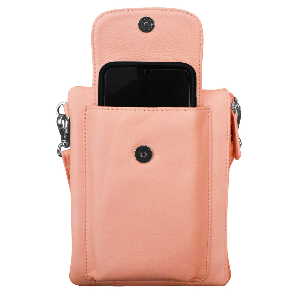 Pink crossbody bag with a phone pocket on a white background