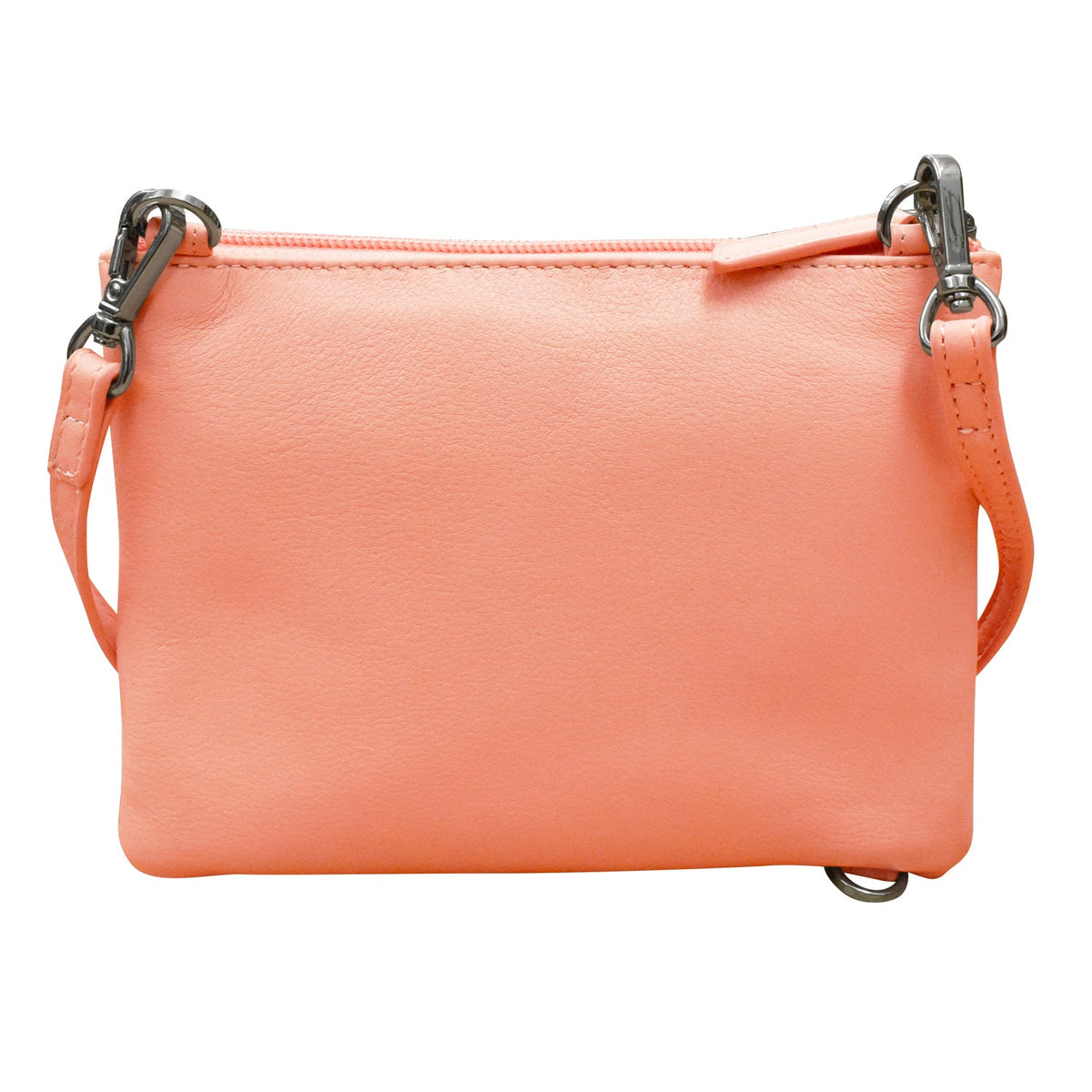 Coral crossbody bag with a strap on a white background