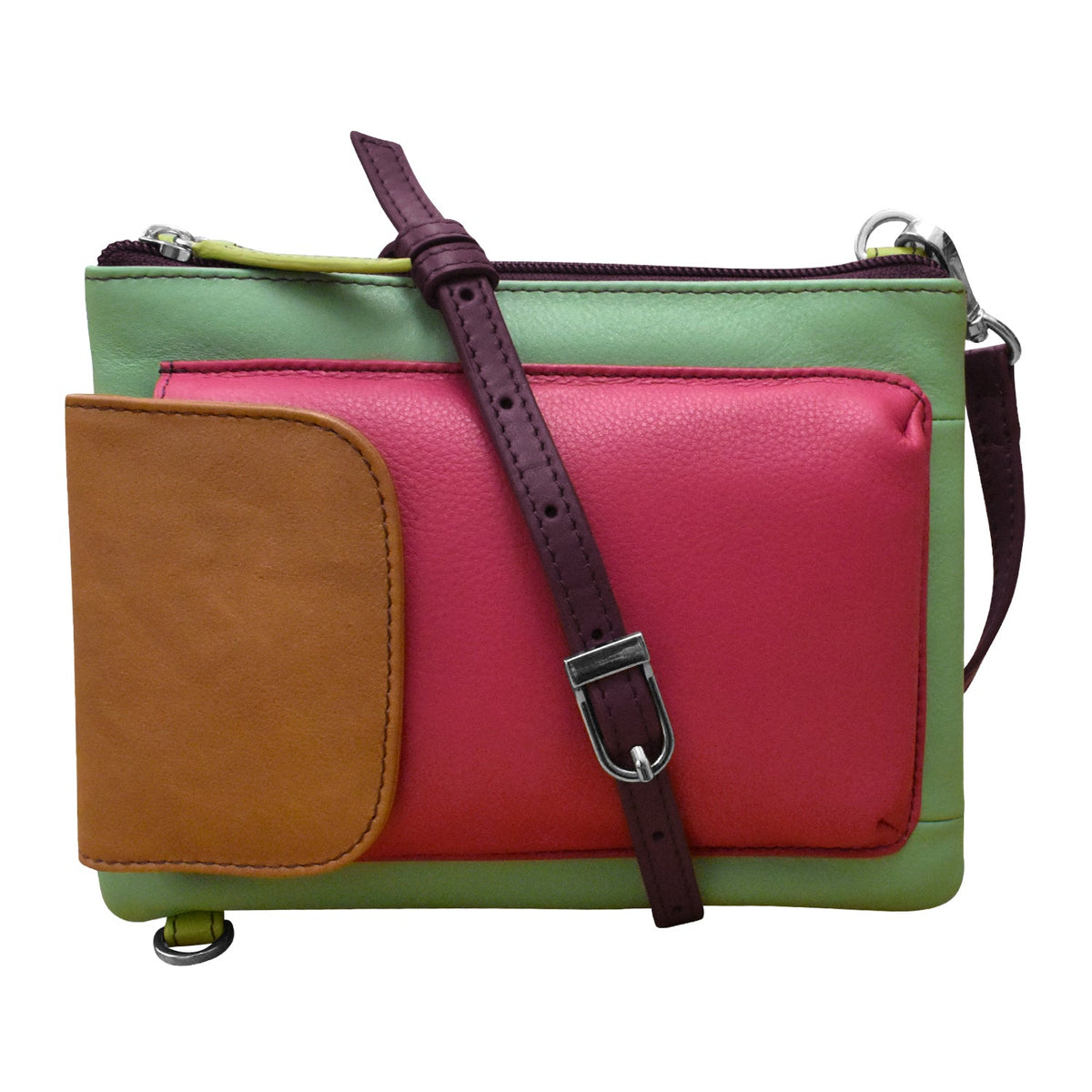Multicolored leather handbag with a strap on a white background