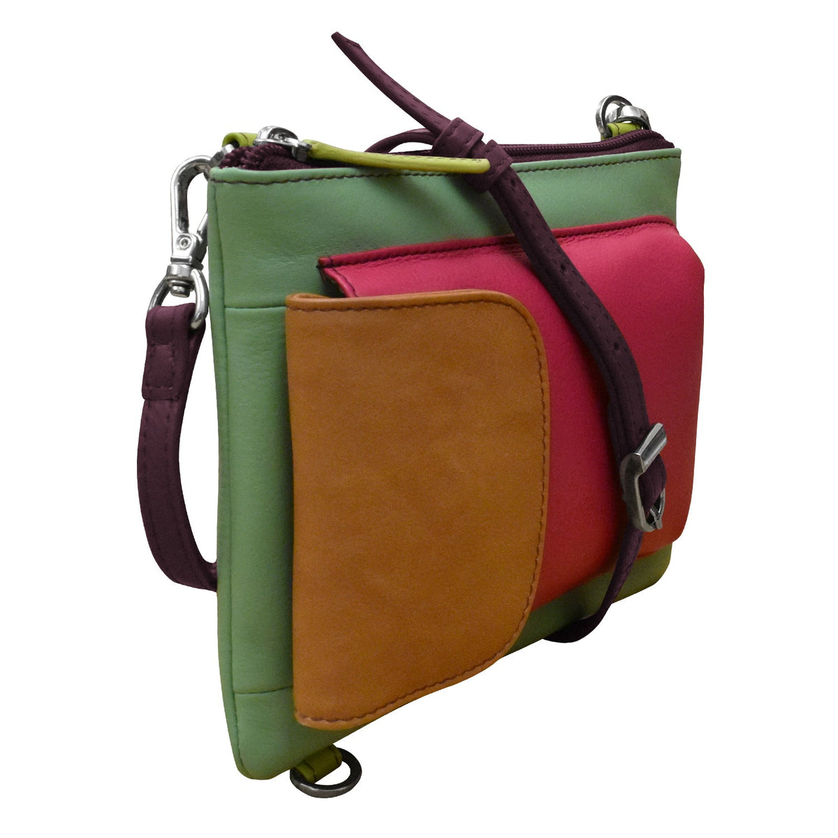 Multicolored handbag with a strap on a white background