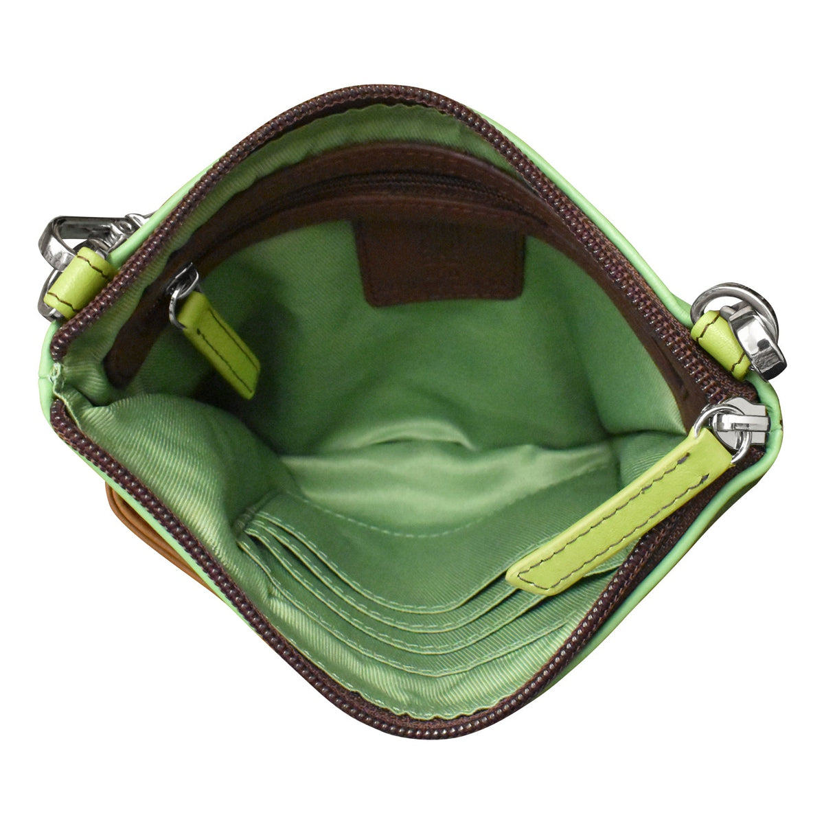 Green leather pouch with brown zipper on a white background