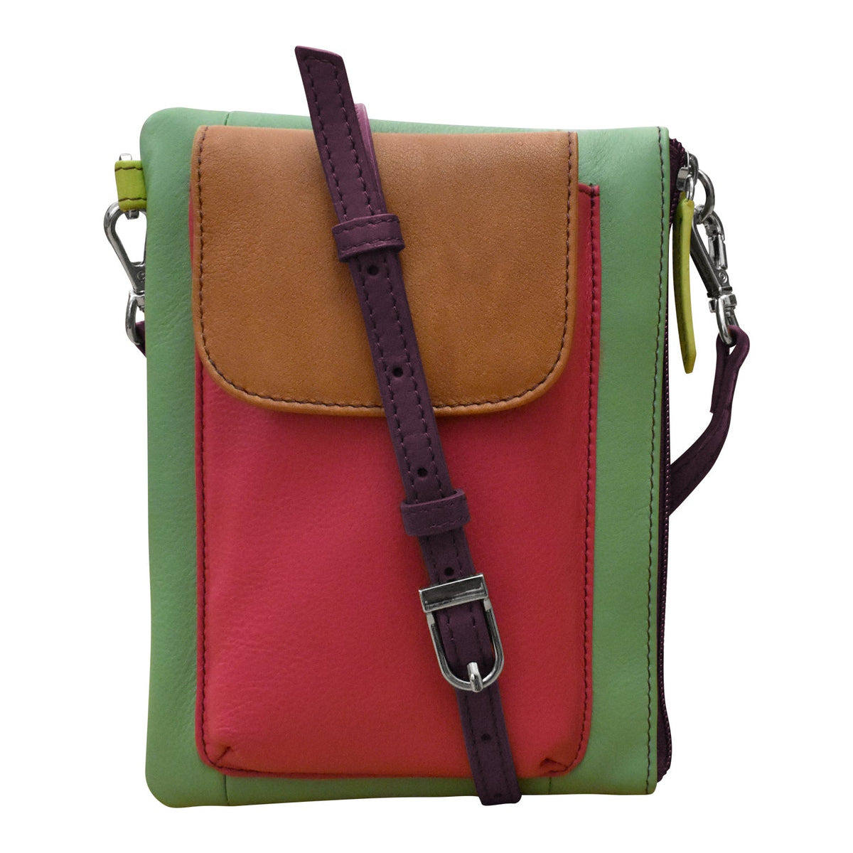 Multicolored leather crossbody bag with a strap on a white background