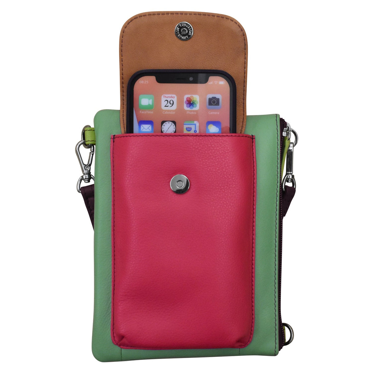 Multicolored crossbody bag with phone case on a white background
