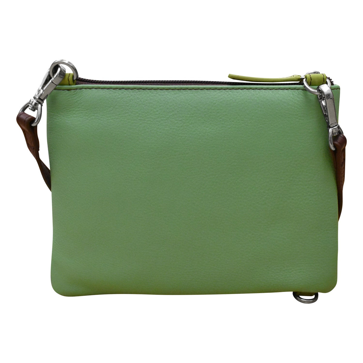 Green leather clutch bag with a strap on a white background