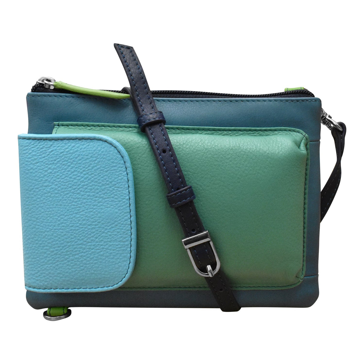 Green and blue leather crossbody bag with a strap on a white background