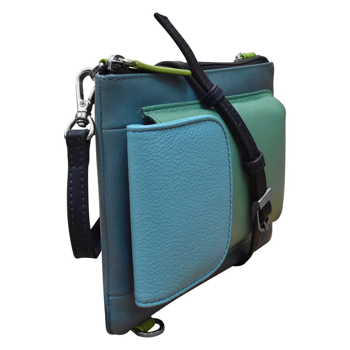 Multifunctional leather pouch with compartments and a strap on a white background