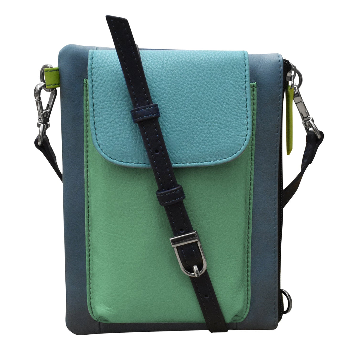 Two-tone blue and green crossbody bag with a black strap on a white background