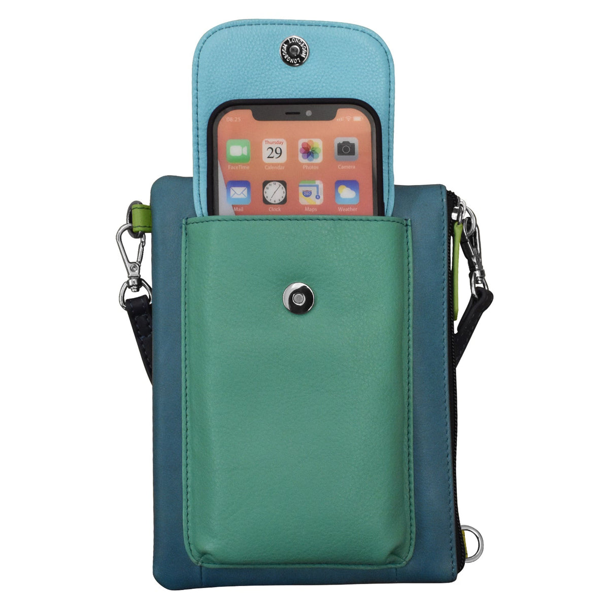 Blue and green phone pouch with a smartphone inside on a white background