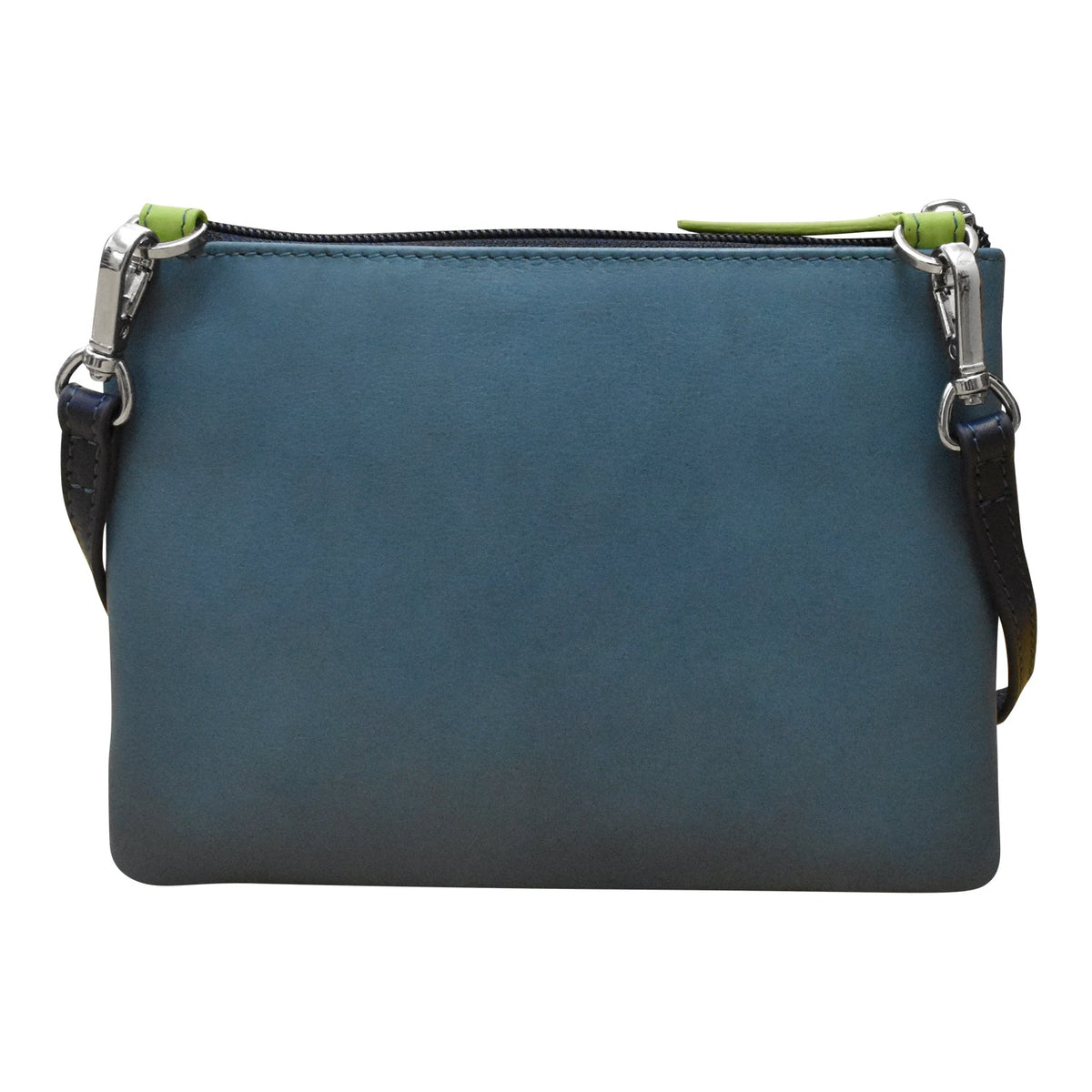 Blue handbag with a strap on a white background