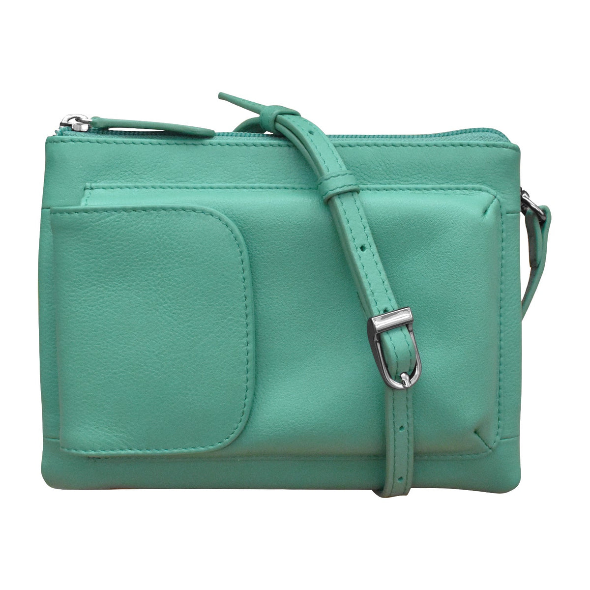 Green handbag with a strap on a white background