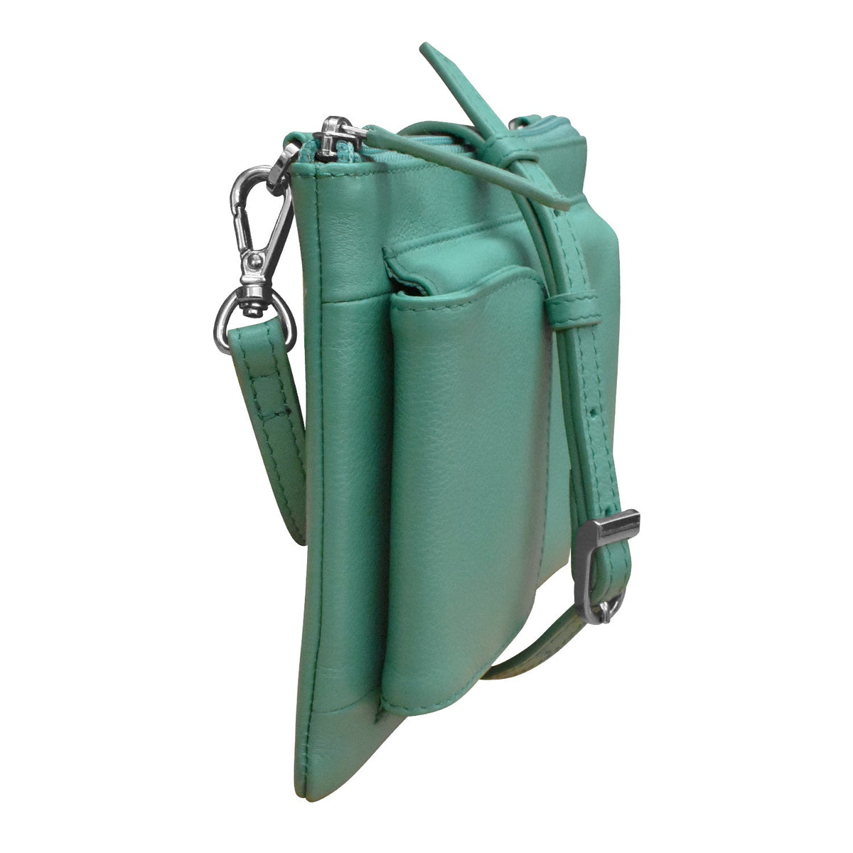 Green leather handbag with a strap on a white background