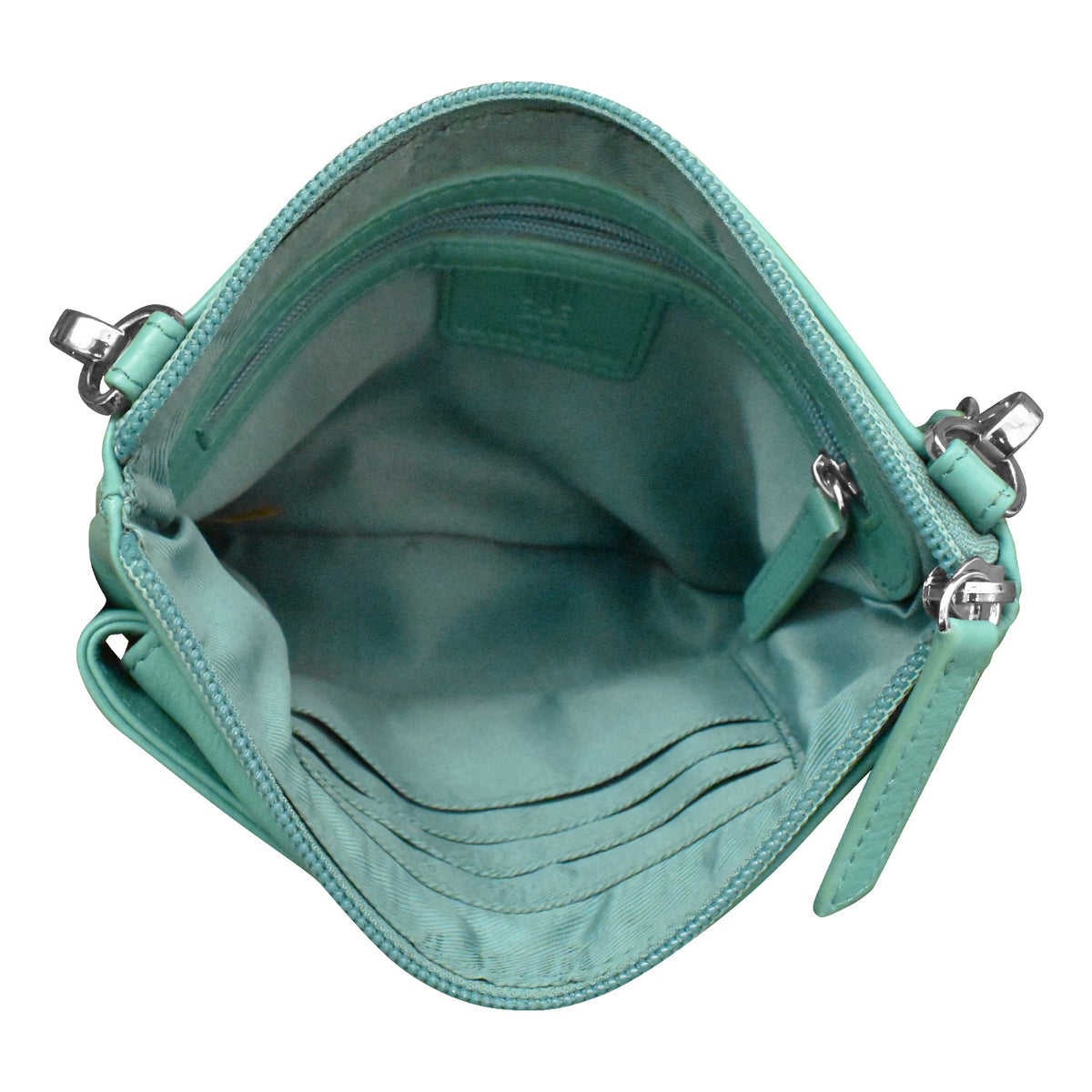 Teal handbag with silver zippers on a white background