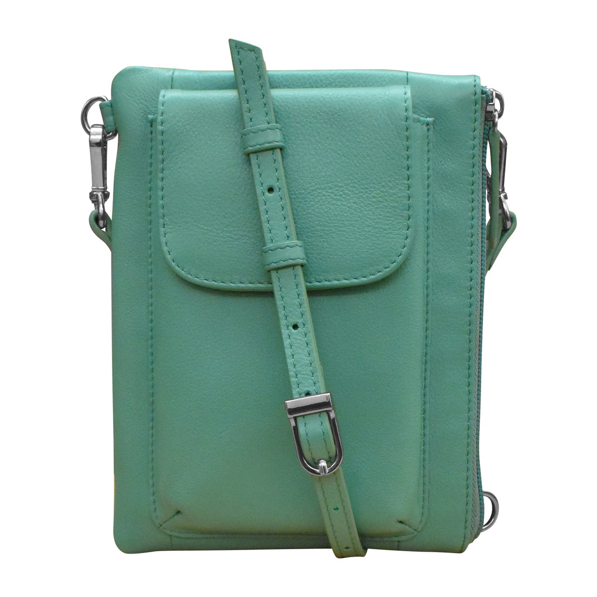 Green leather crossbody bag on a white background