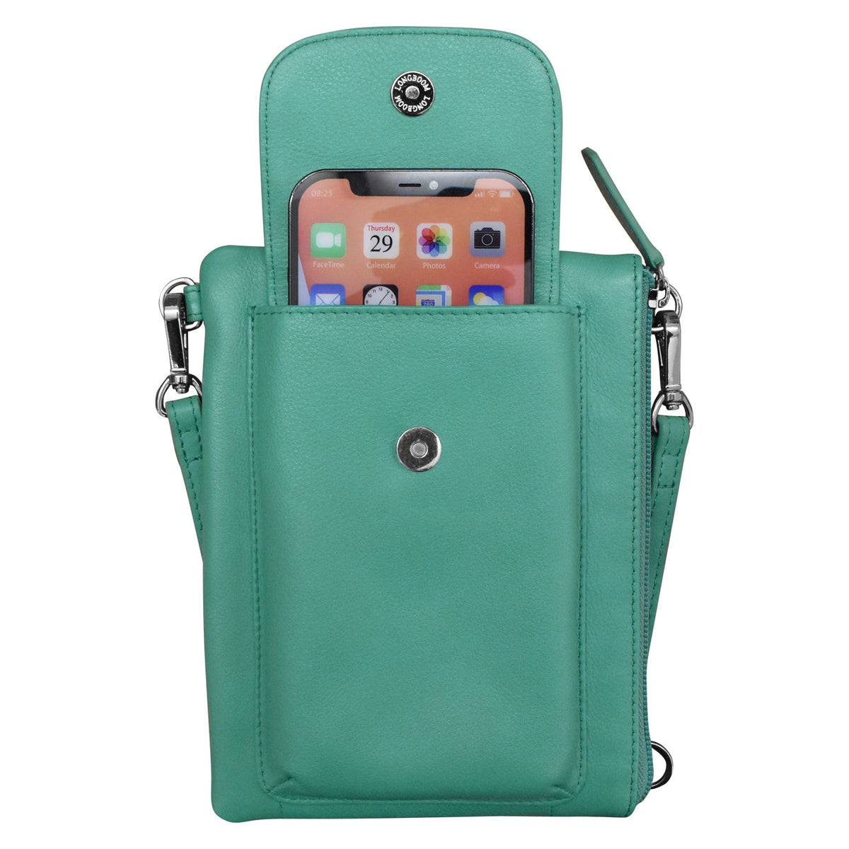 Green crossbody bag with a phone pocket on a white background