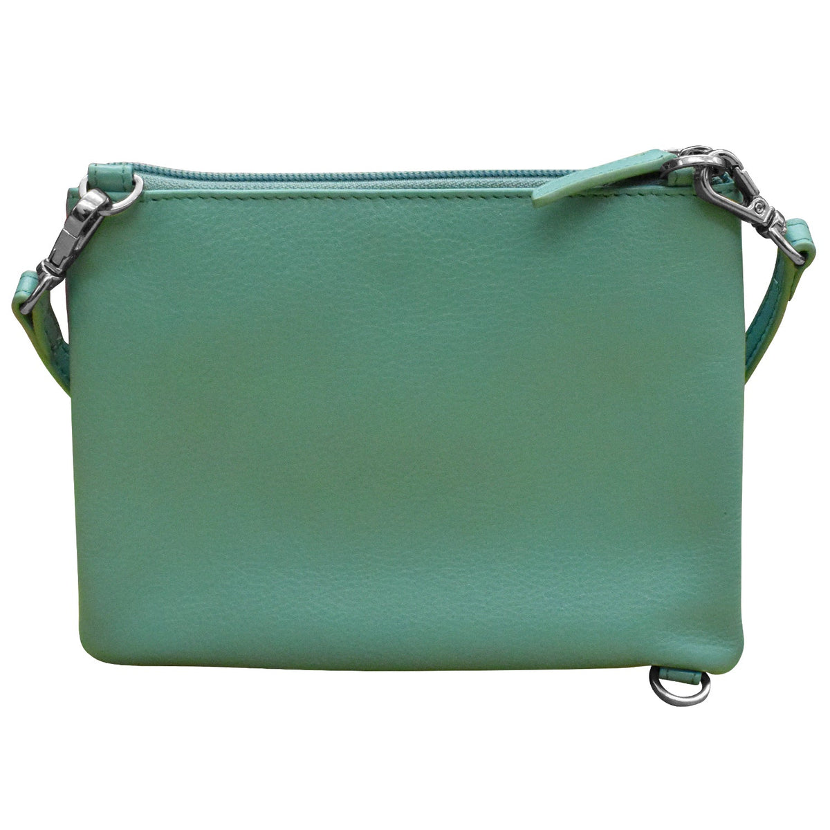 Green leather handbag with a strap on a white background