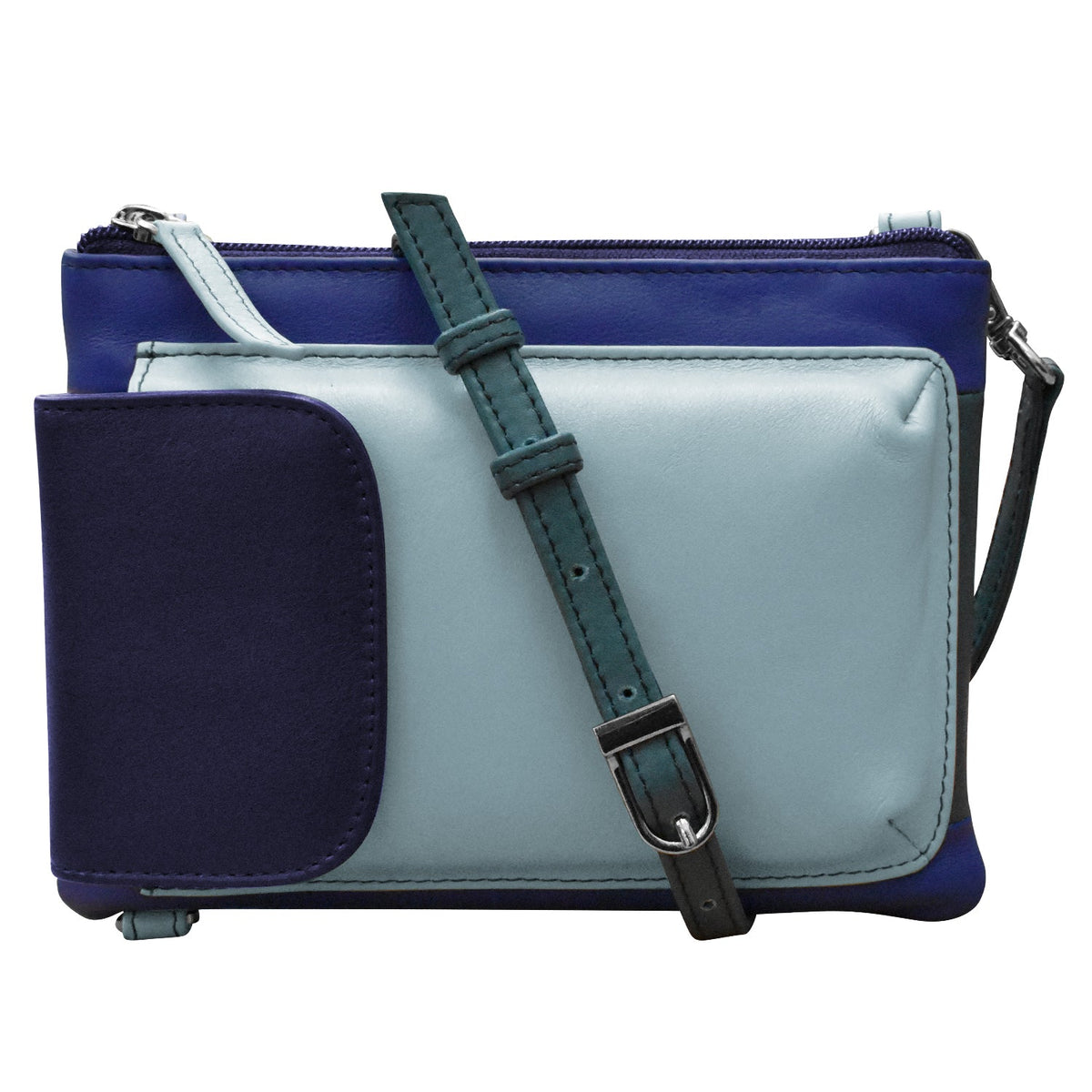 Multicolored handbag with a strap on a white background