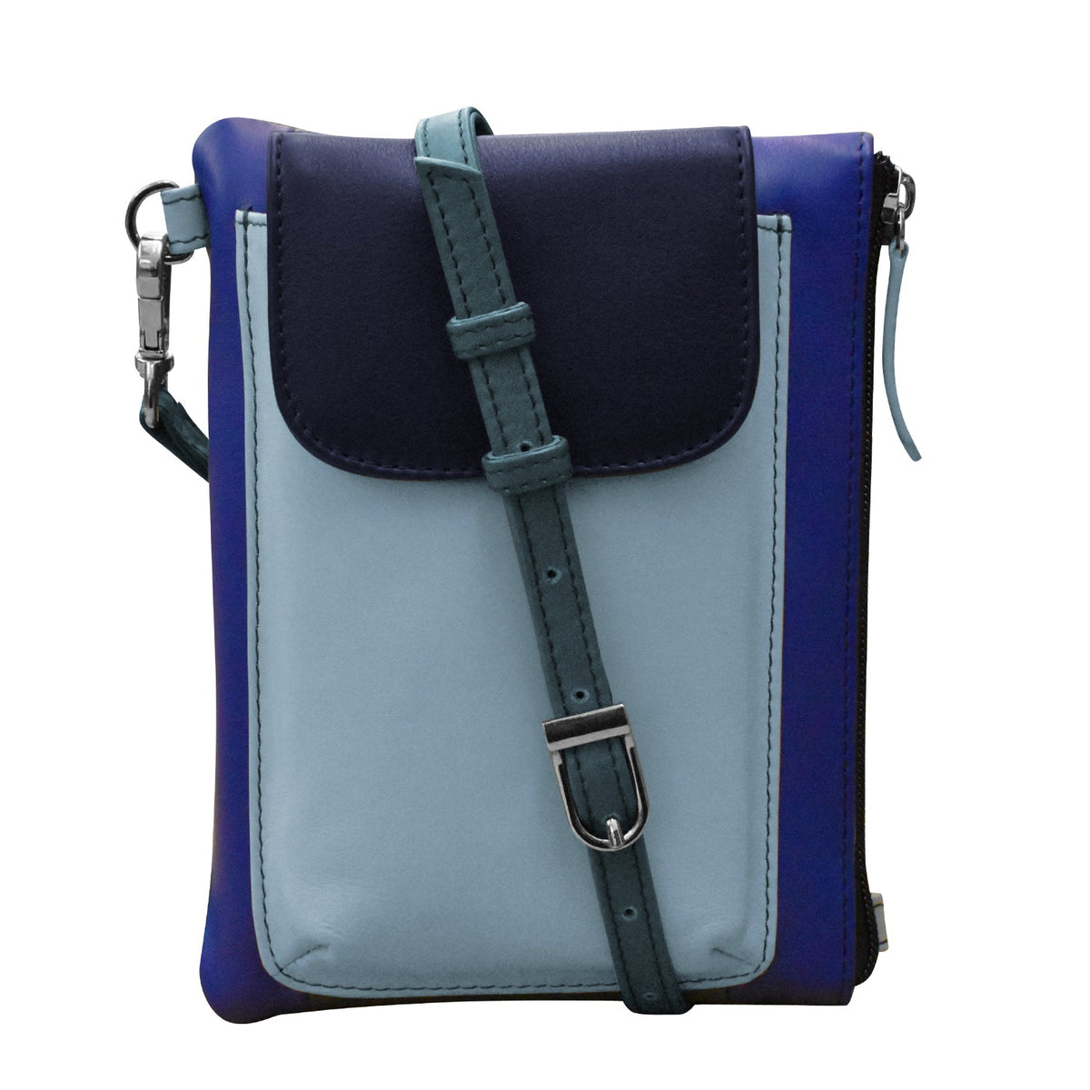 Blue and gray crossbody bag with a strap on a white background