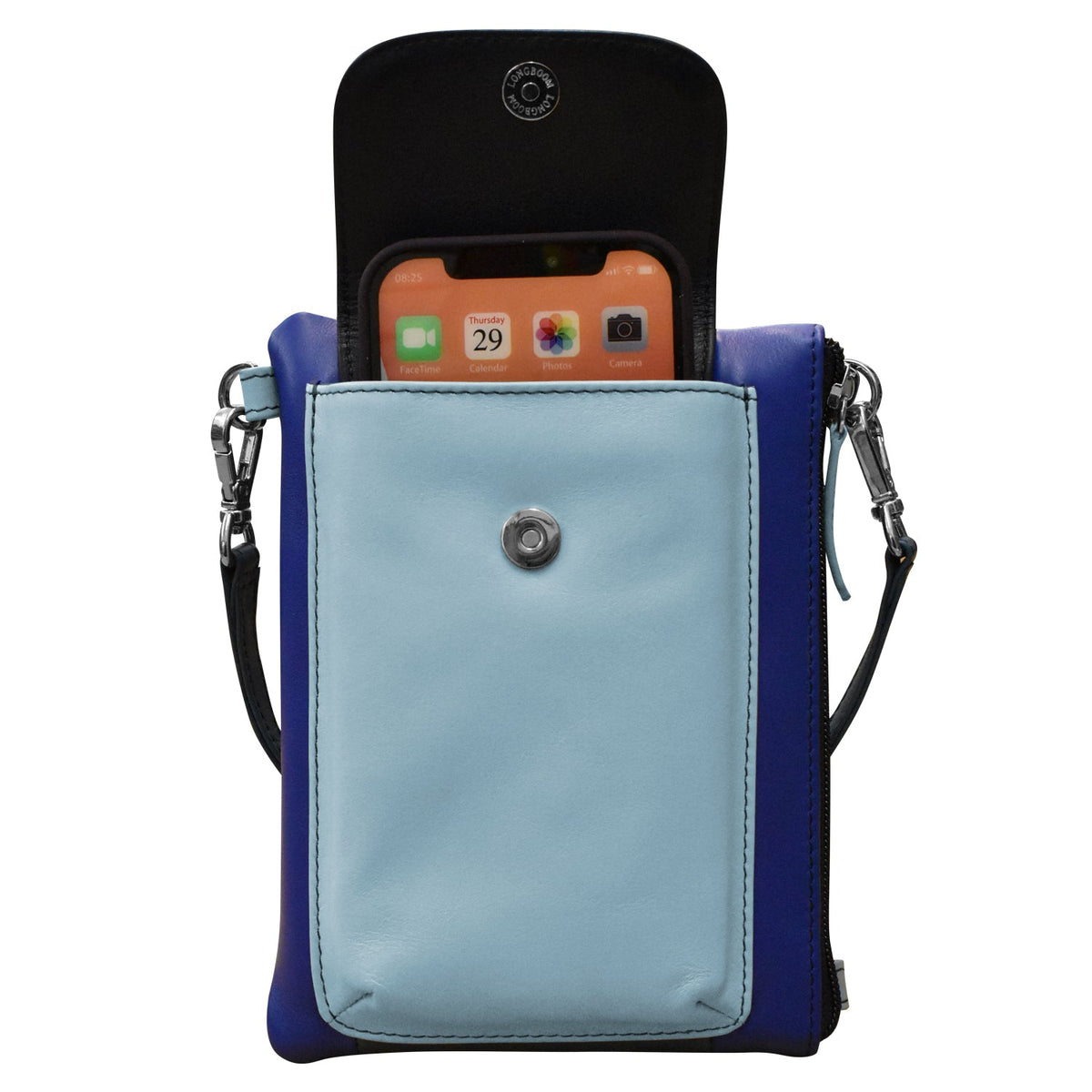 Blue crossbody bag with a phone case on a white background