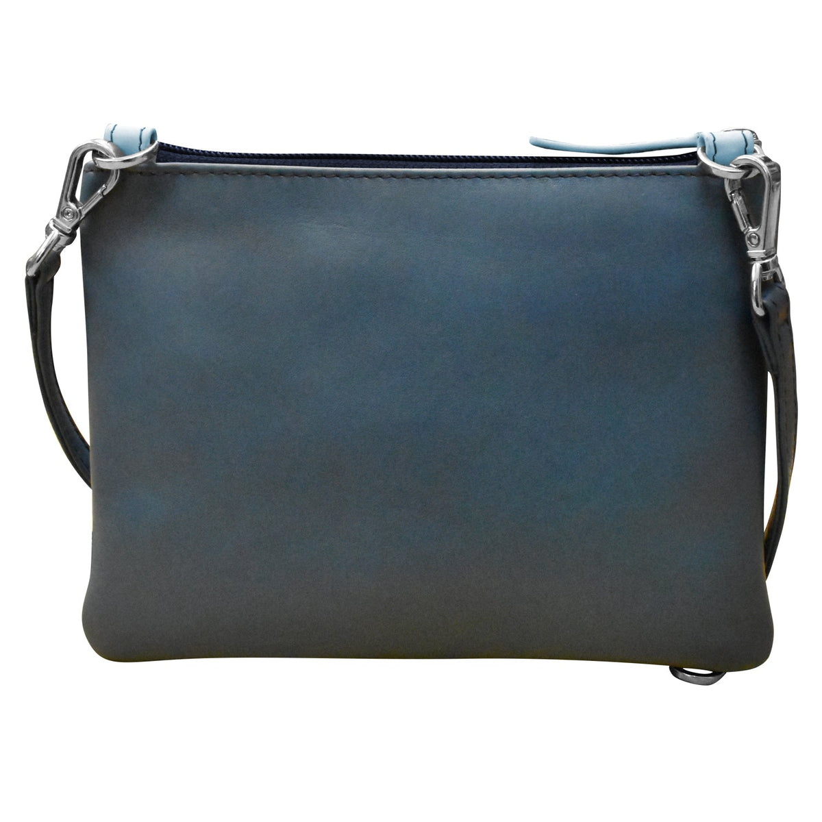 Blue leather handbag with a strap on a white background