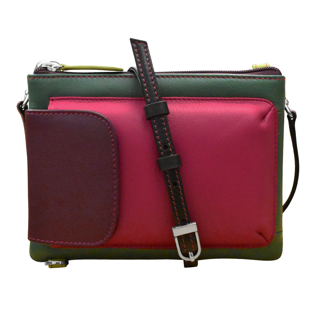 Multicolored leather clutch bag with a strap on a white background