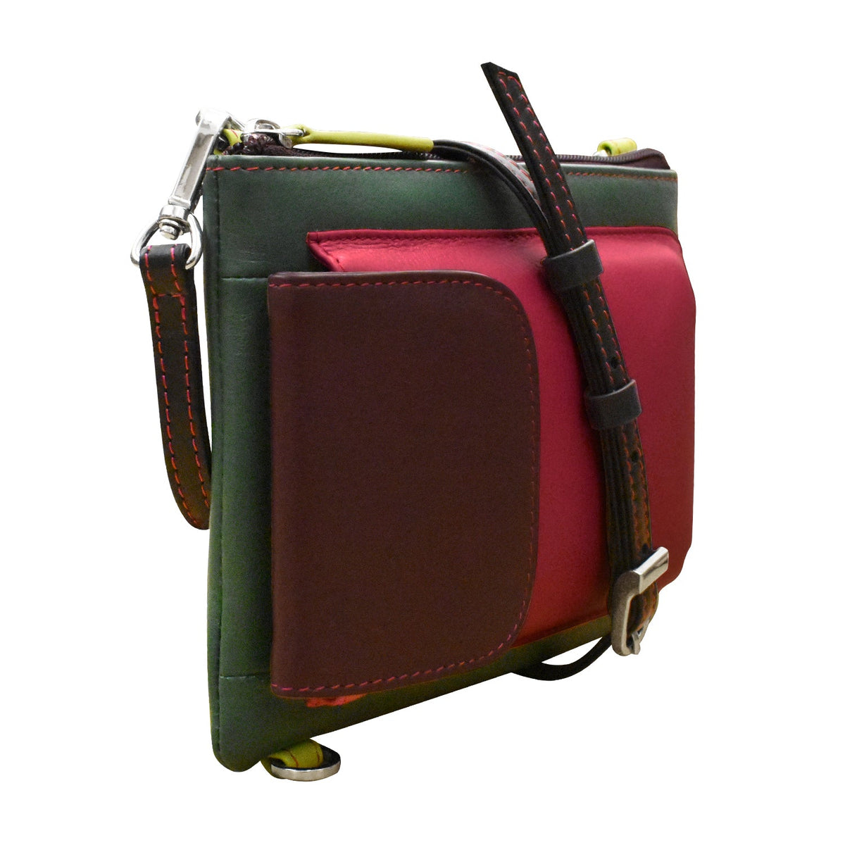 Multicolored leather pouch with a strap on a white background