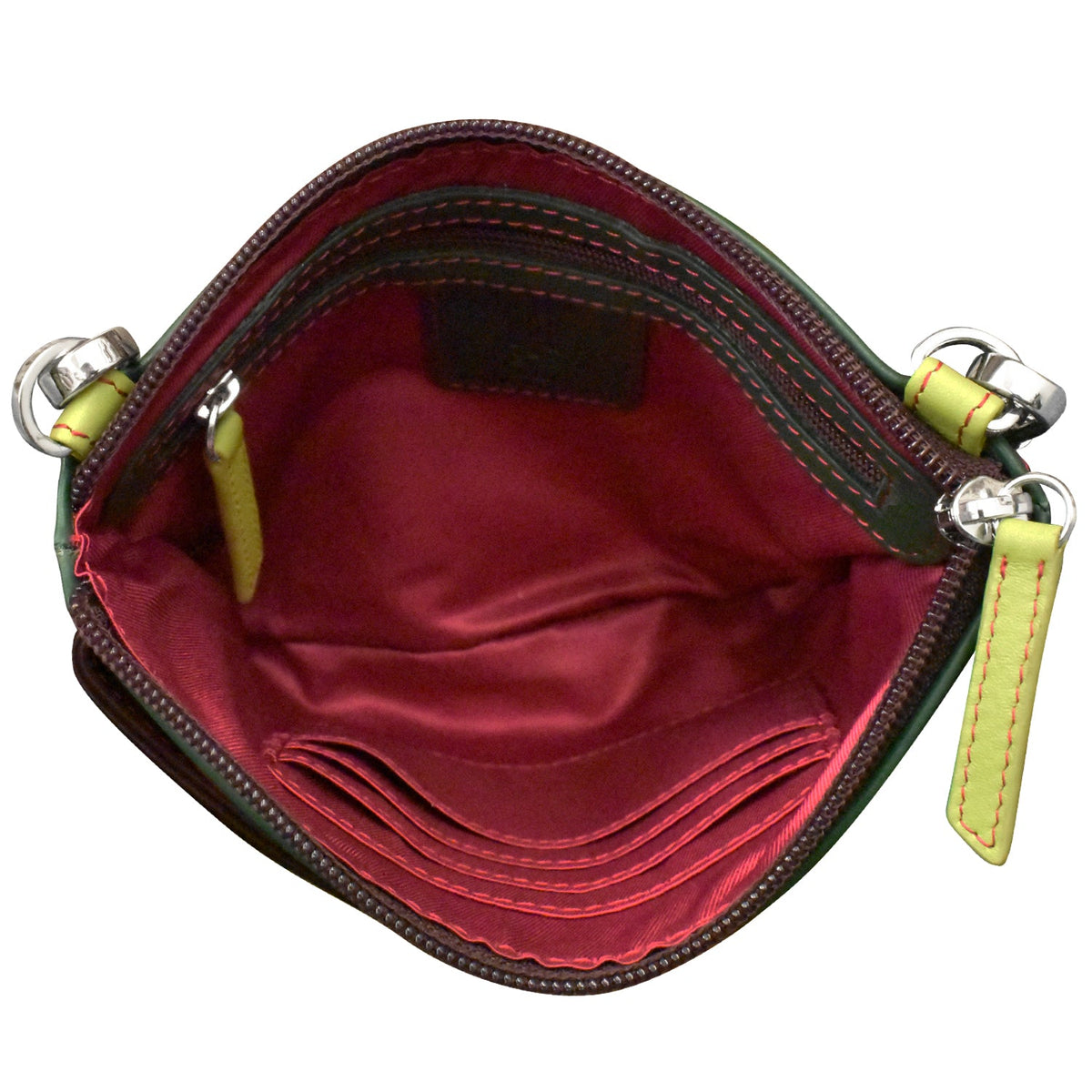 Open red leather pouch with yellow zipper pulls on a white background