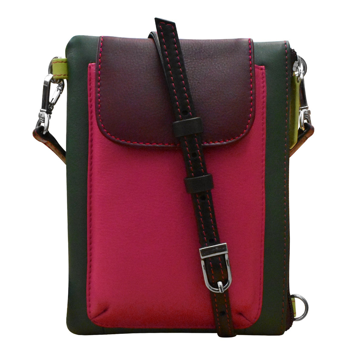 Multicolored crossbody bag with a strap on a white background