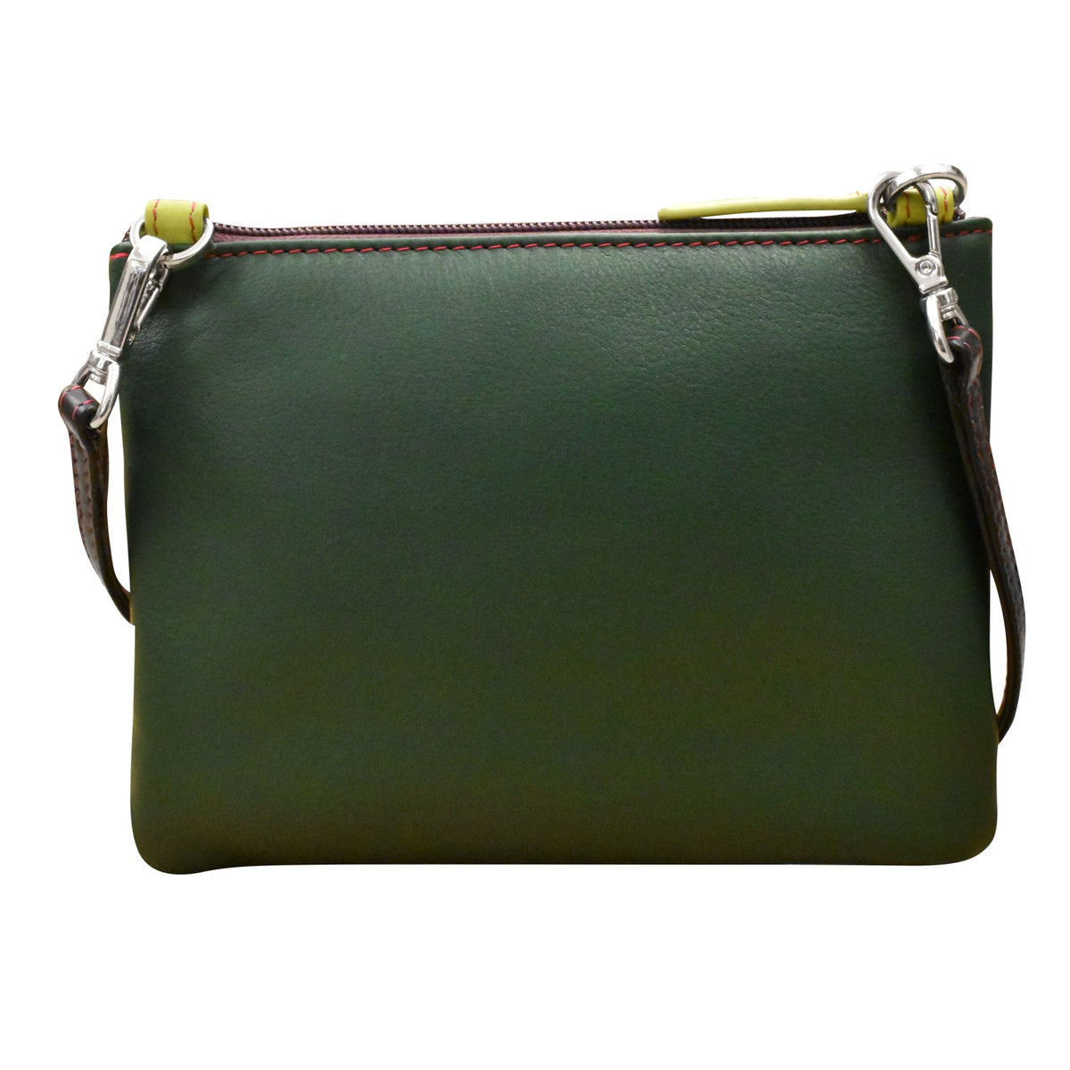 Green leather clutch bag with a strap on a white background