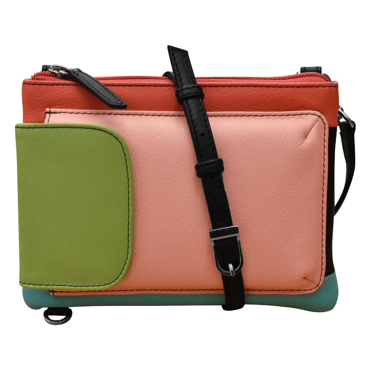 Multicolored leather pouch with a strap on a white background