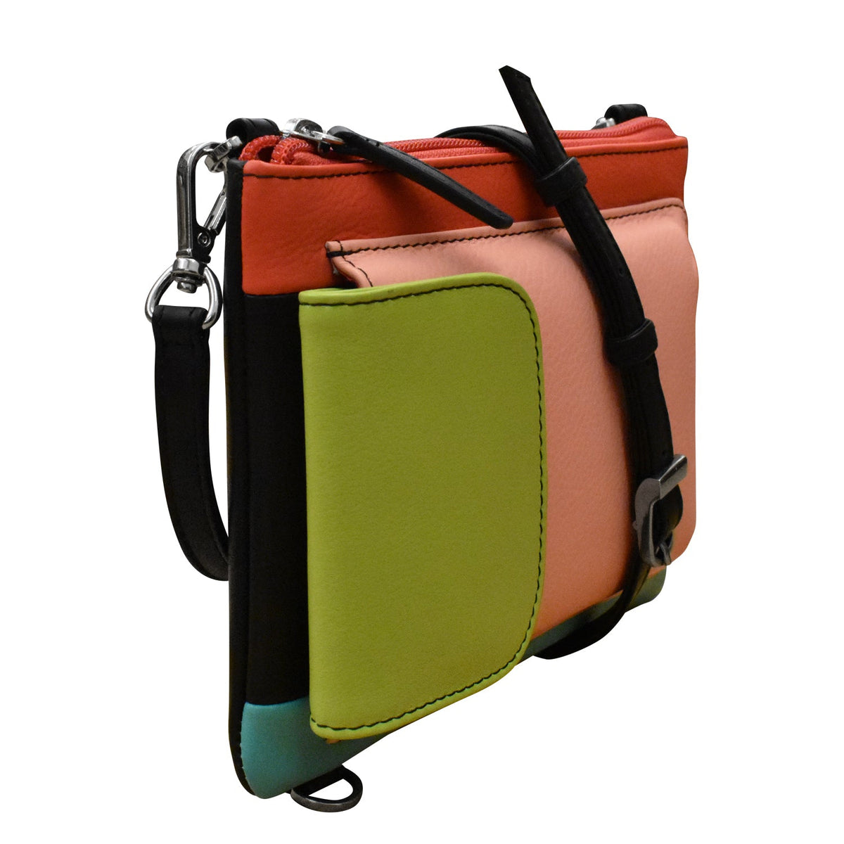 Multicolored crossbody bag with a strap on a white background