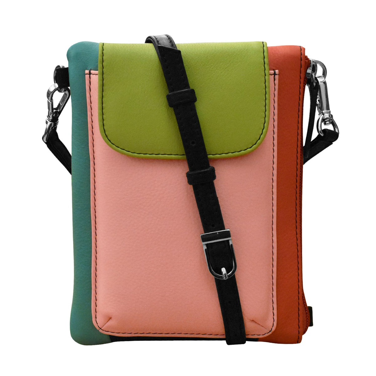 Multicolored crossbody bag with a black strap on a white background