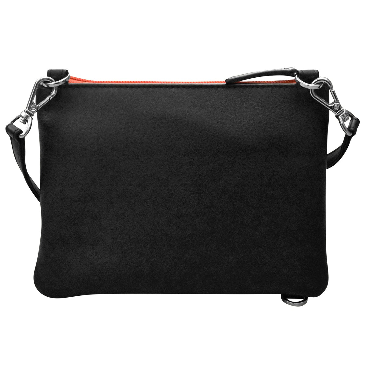 Black crossbody bag with a strap on a white background