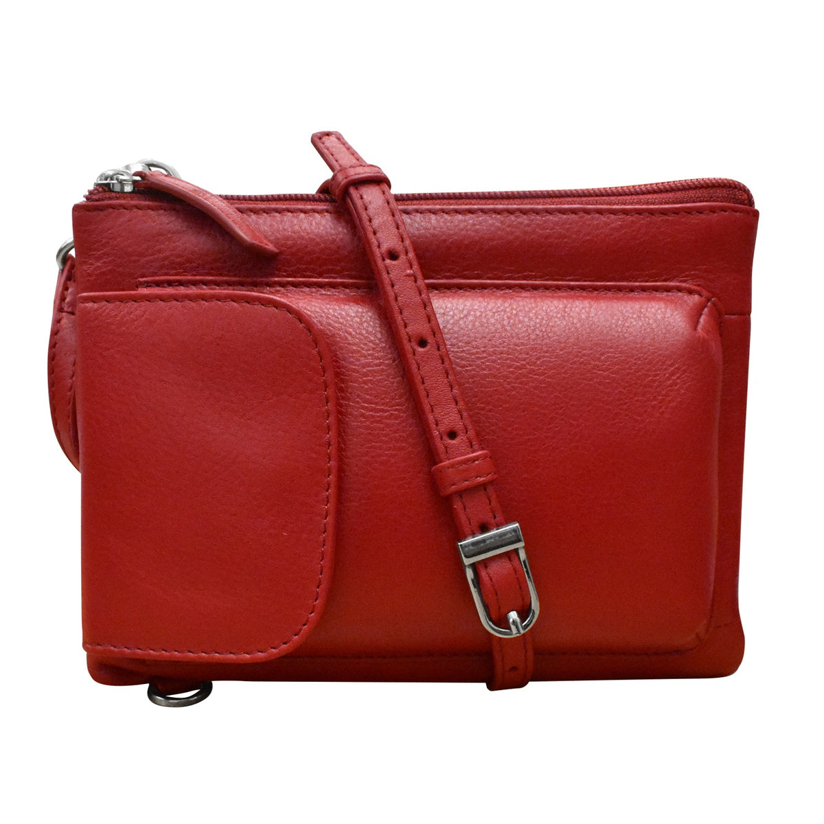 Red leather handbag with a strap on a white background