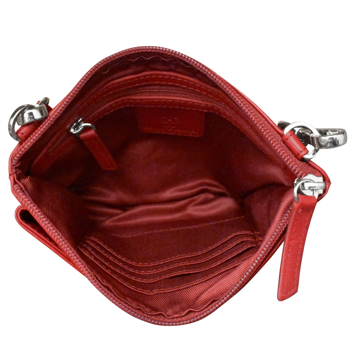 Red leather handbag with silver zippers on a white background