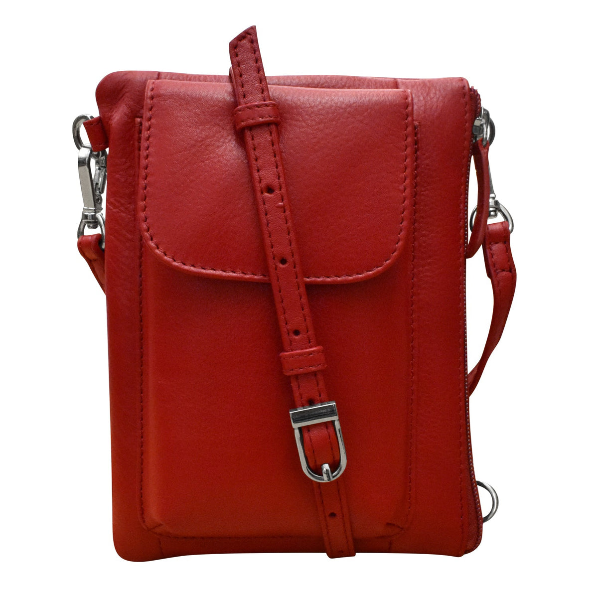 Red leather crossbody bag with a strap on a white background