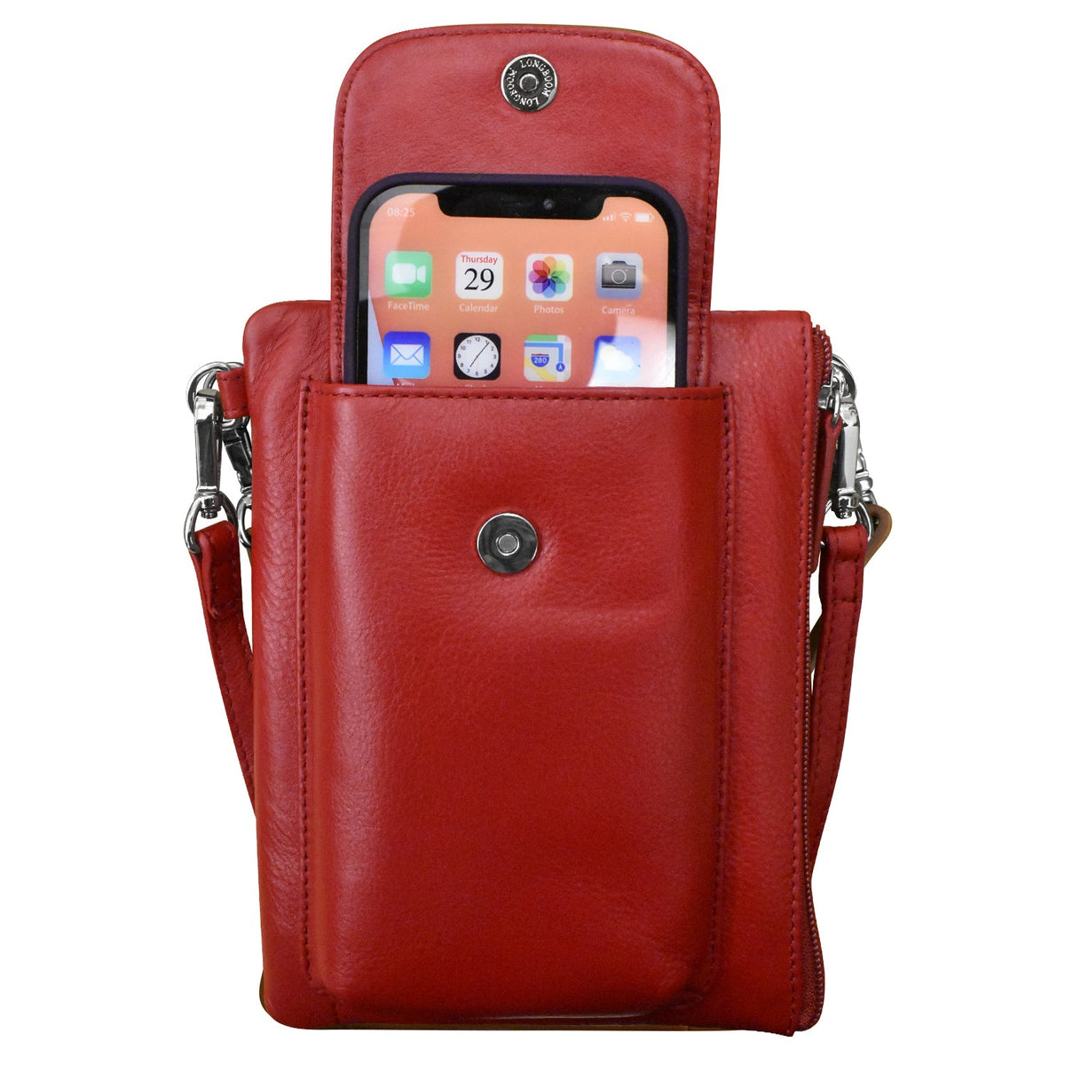 Red leather crossbody bag with a phone case on a white background