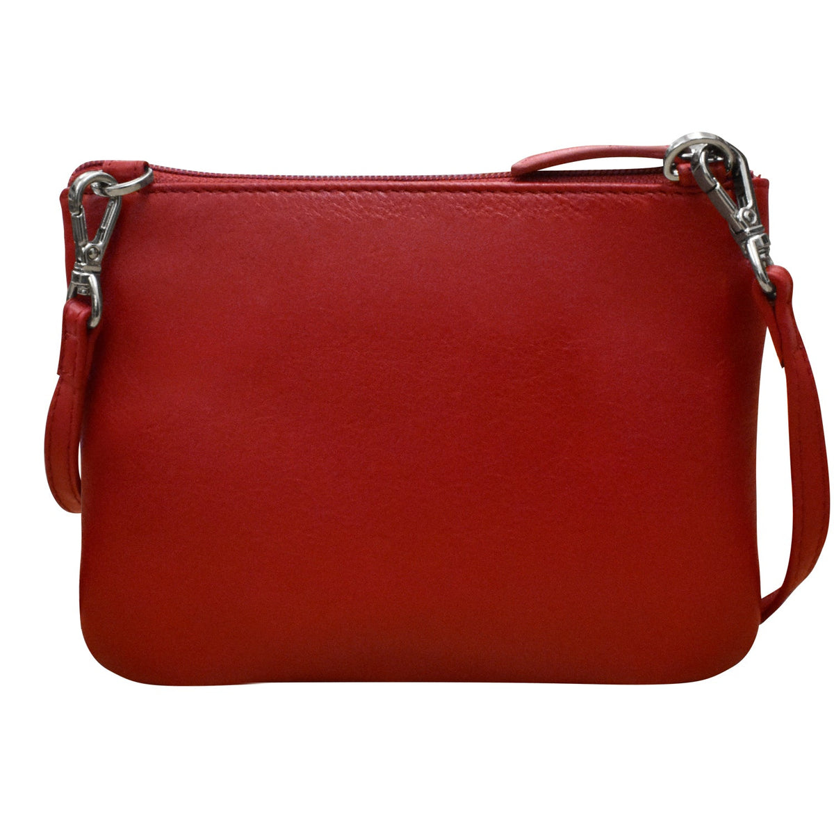 Red leather handbag with a strap on a white background