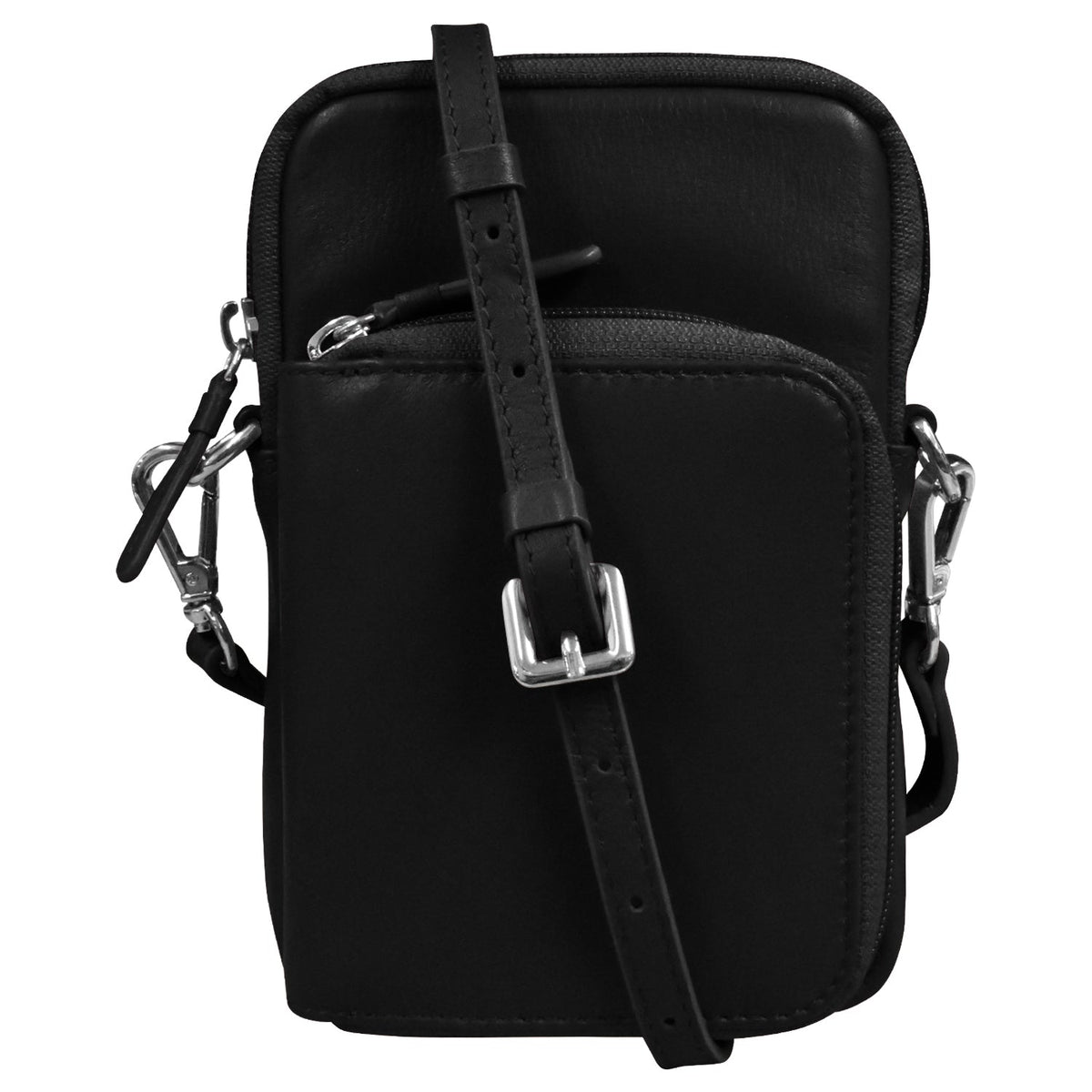 Black crossbody bag with a strap on a white background