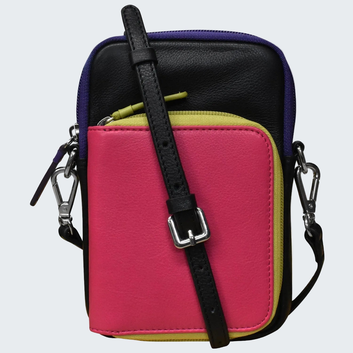 Multicolored crossbody bag with a black strap on a white background