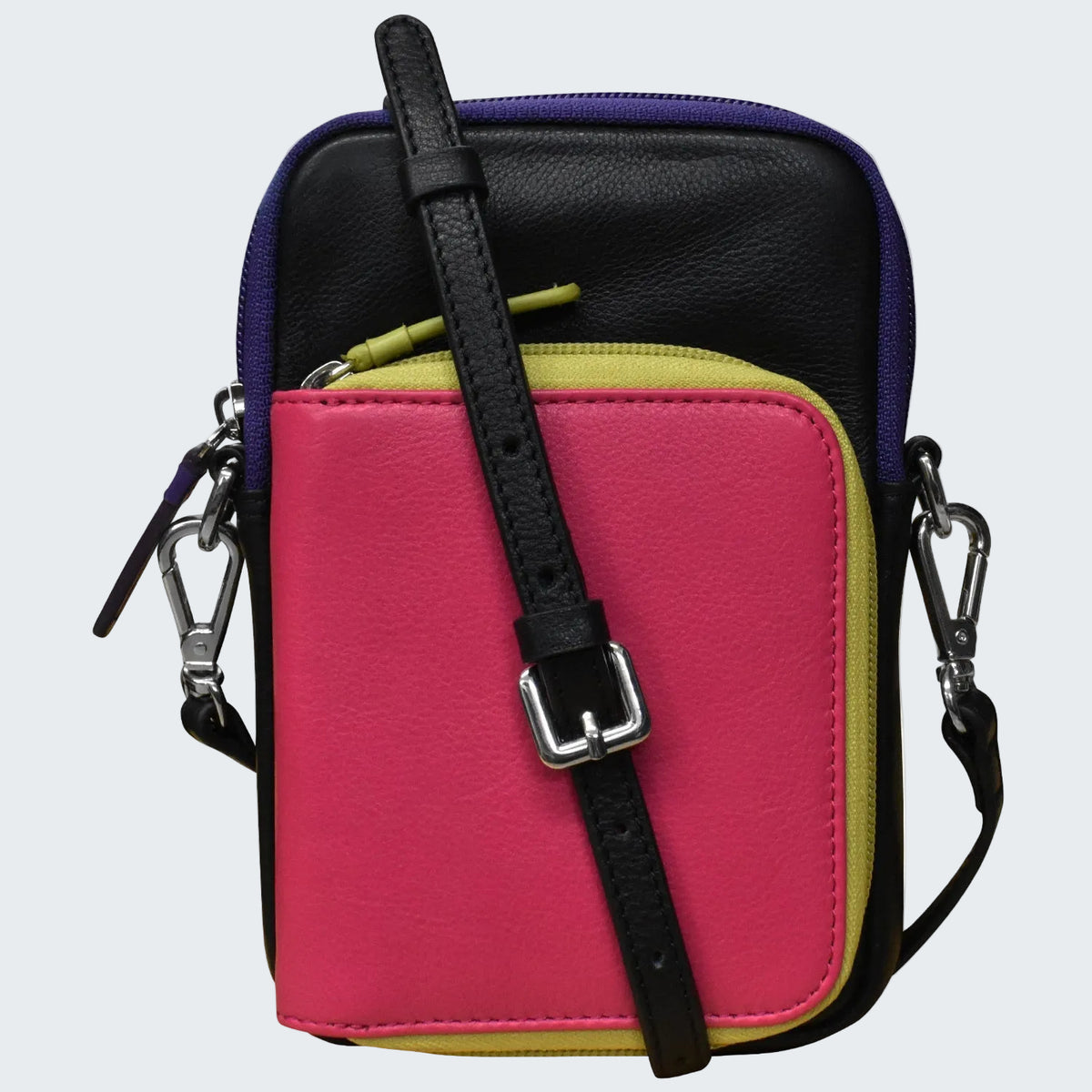Multicolored crossbody bag with a black strap on a white background