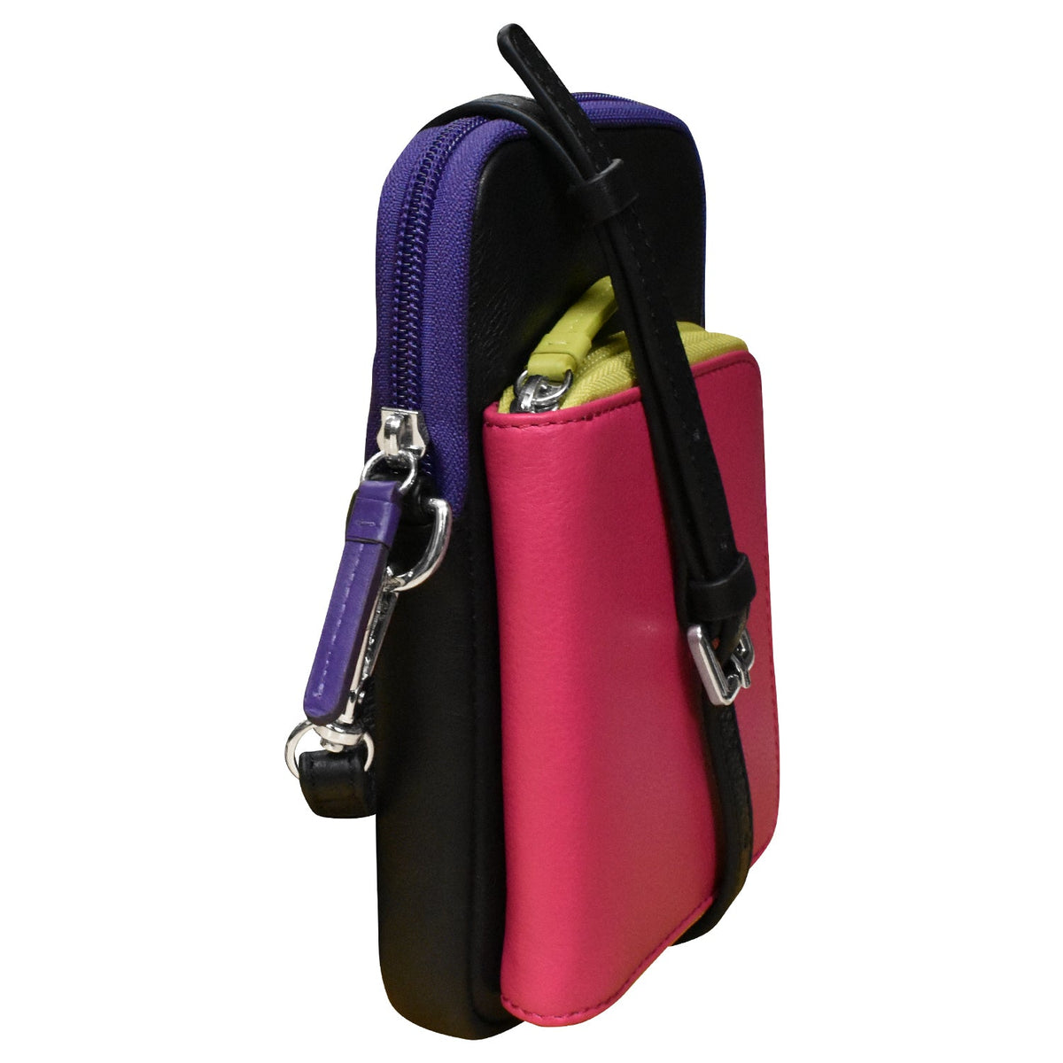 Multicolored pouch with a purple zipper and black strap on a white background