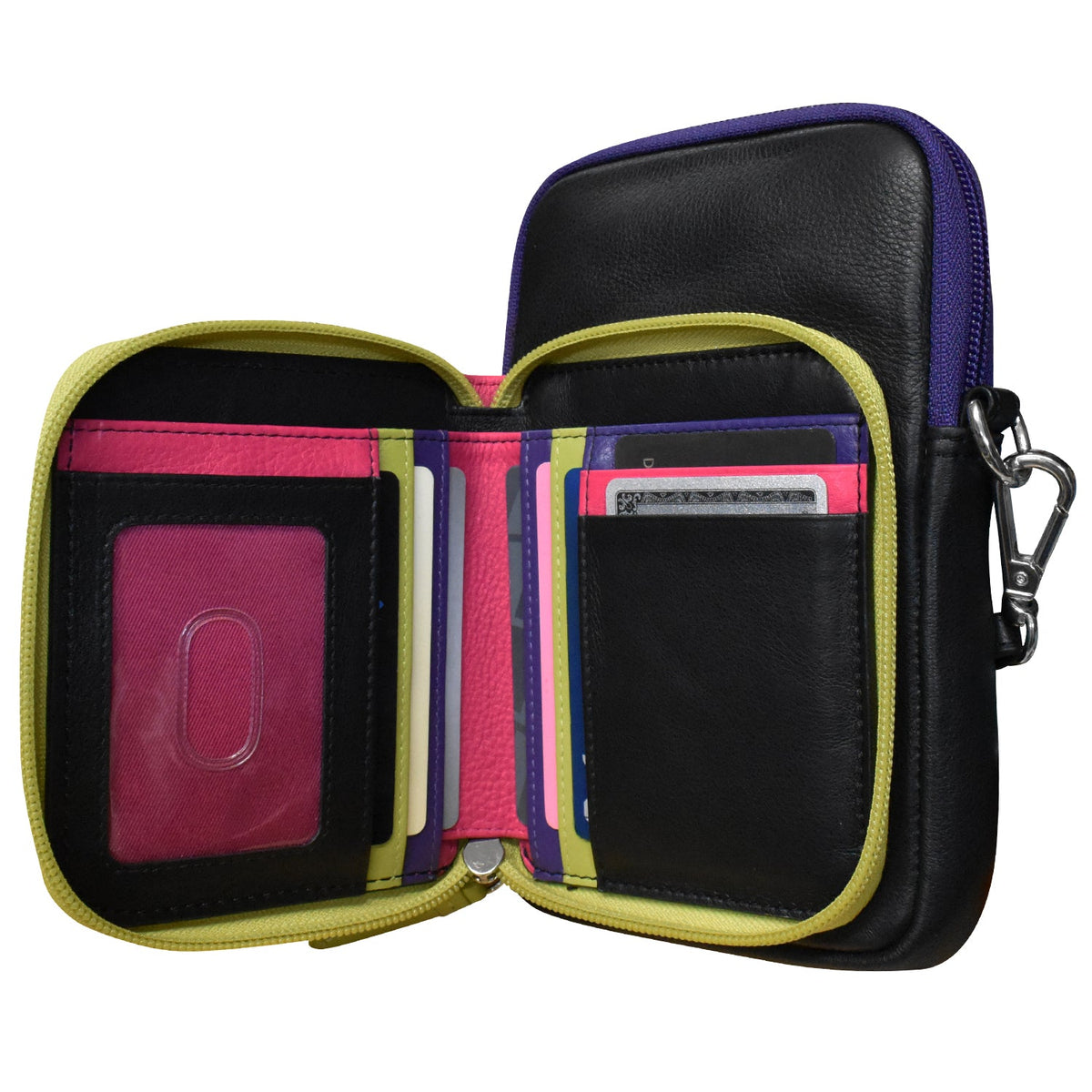Multicolored zippered pouch with card slots on a white background
